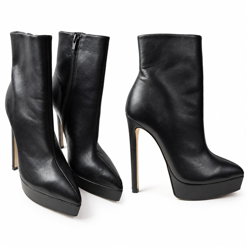 STEVE MADDEN Velina Black Leather Zip Close Pointed Toe Platform Boot Sz 6M GUC